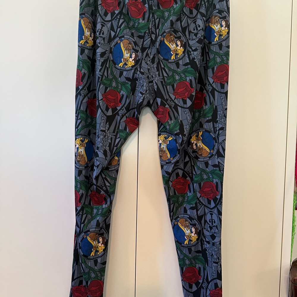 Torrid Adult Leggings with Unicorn Beauty/ Beast and Rose Print - Blue and Red